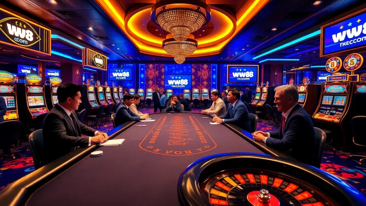 Experience thrilling gameplay at ww88 com with vibrant slot machines and poker tables in a luxurious casino setting.