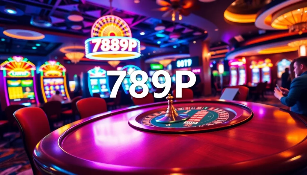 Players enjoying an engaging poker game at the luxurious 789P casino, surrounded by vibrant slot machines and roulette wheels.