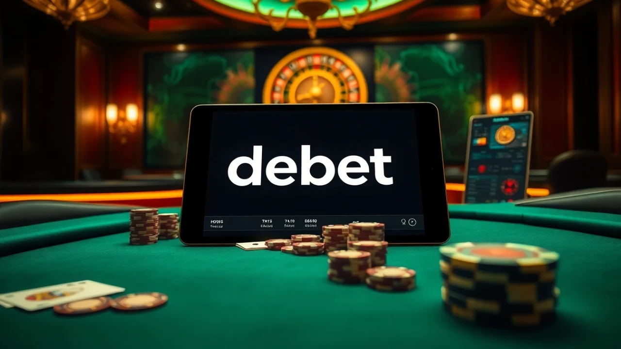 Exciting poker scene showcasing debet online gambling interface with luxurious casino elements.