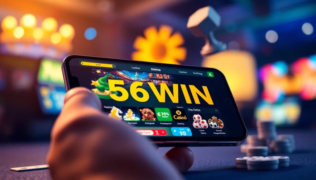Engaging scene of 56WIN's user-friendly online gambling platform on mobile, showcasing sports betting and casino games.