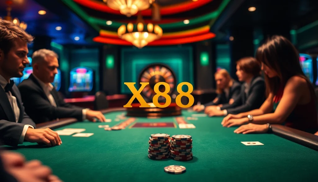 X88 casino players enjoying a thrilling poker game at a luxurious table with vibrant decor.