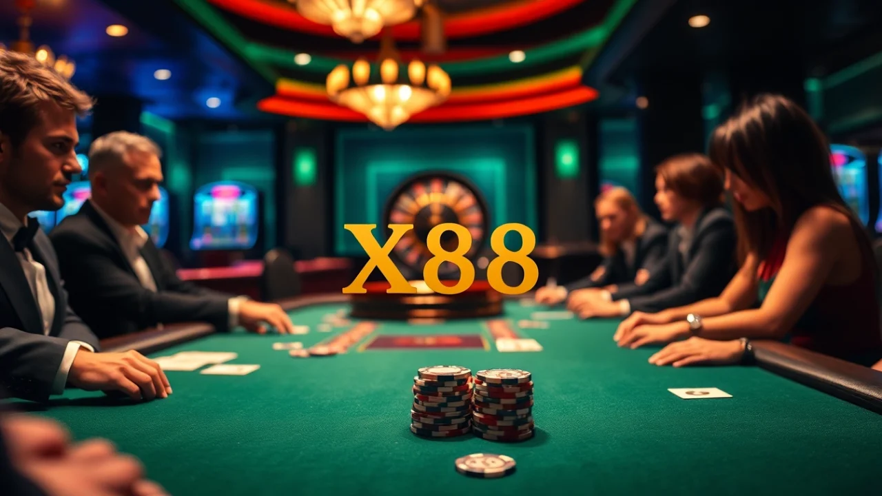 X88 casino players enjoying a thrilling poker game at a luxurious table with vibrant decor.