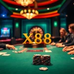 X88 casino players enjoying a thrilling poker game at a luxurious table with vibrant decor.