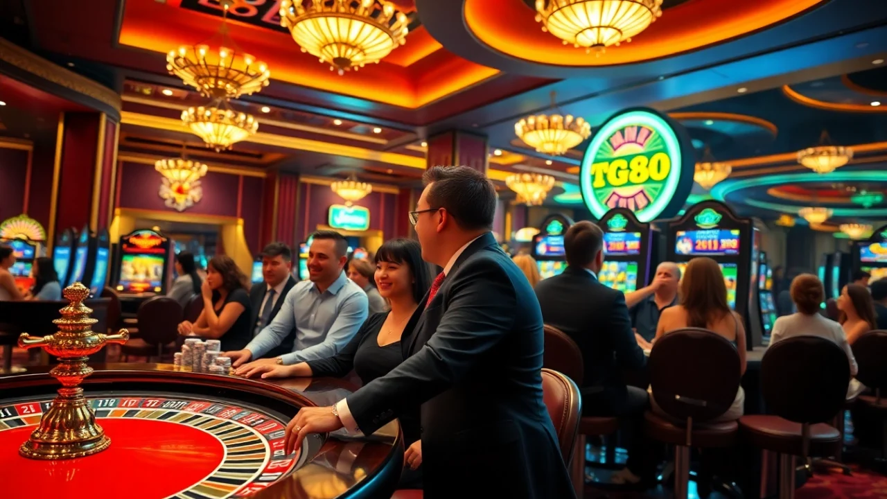 Enjoying the thrill of the game TG88 at an upscale casino with vibrant slot machines.