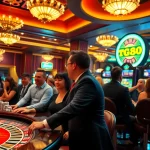 Enjoying the thrill of the game TG88 at an upscale casino with vibrant slot machines.