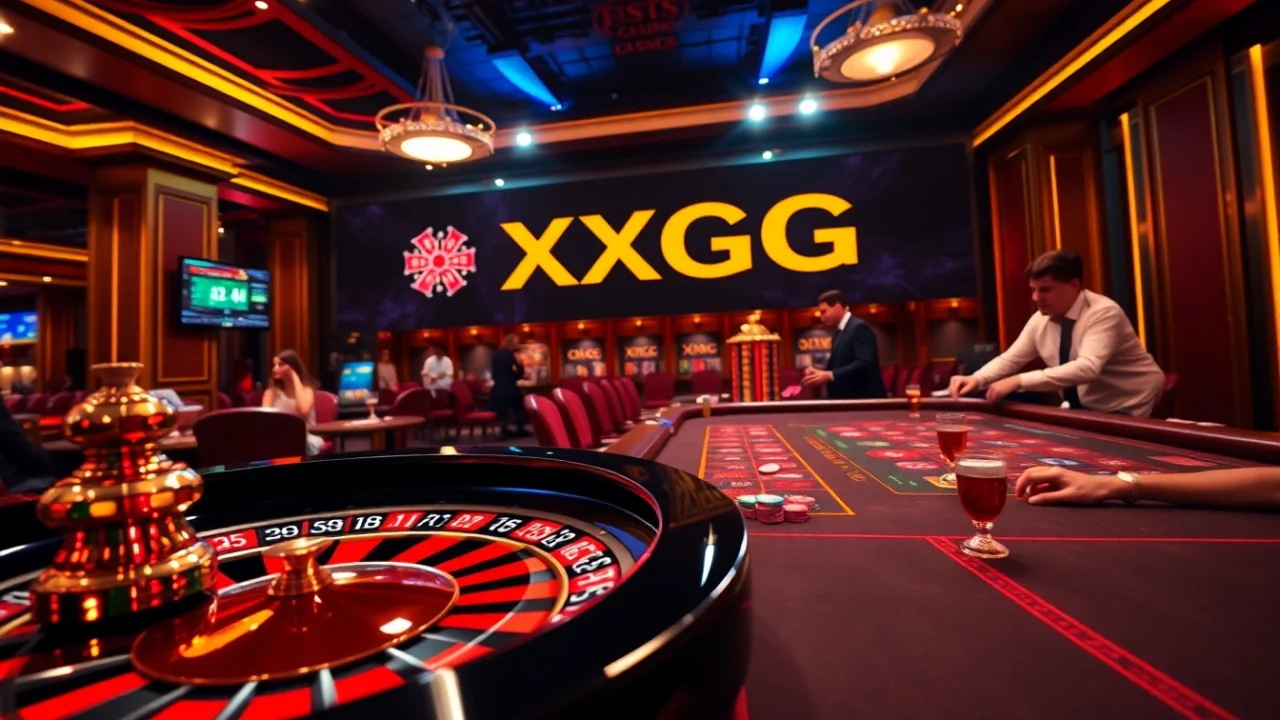 Players enjoy an exciting experience at XXGG's vibrant roulette table in a luxury casino.