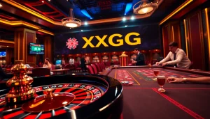 Players enjoy an exciting experience at XXGG's vibrant roulette table in a luxury casino.