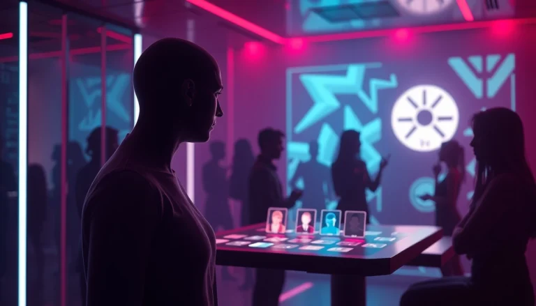 A vibrant, intimate setting showcasing the allure of ai nsfw character interactions, featuring glowing digital interfaces and engaging avatars.