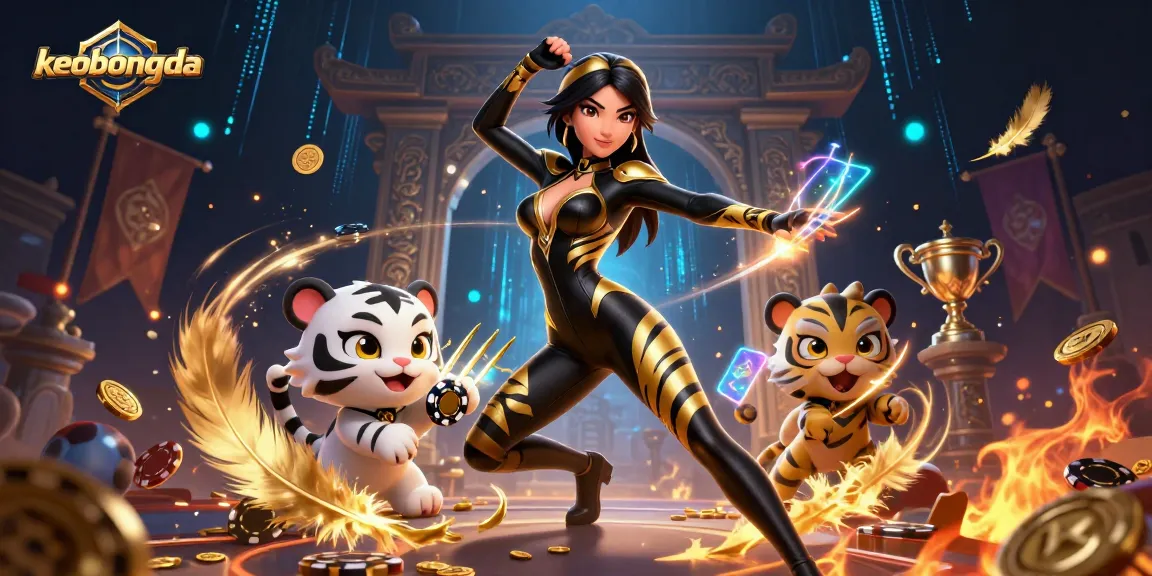 Engage with keobongda's thrilling sports betting scene featuring a daring woman and playful tiger.