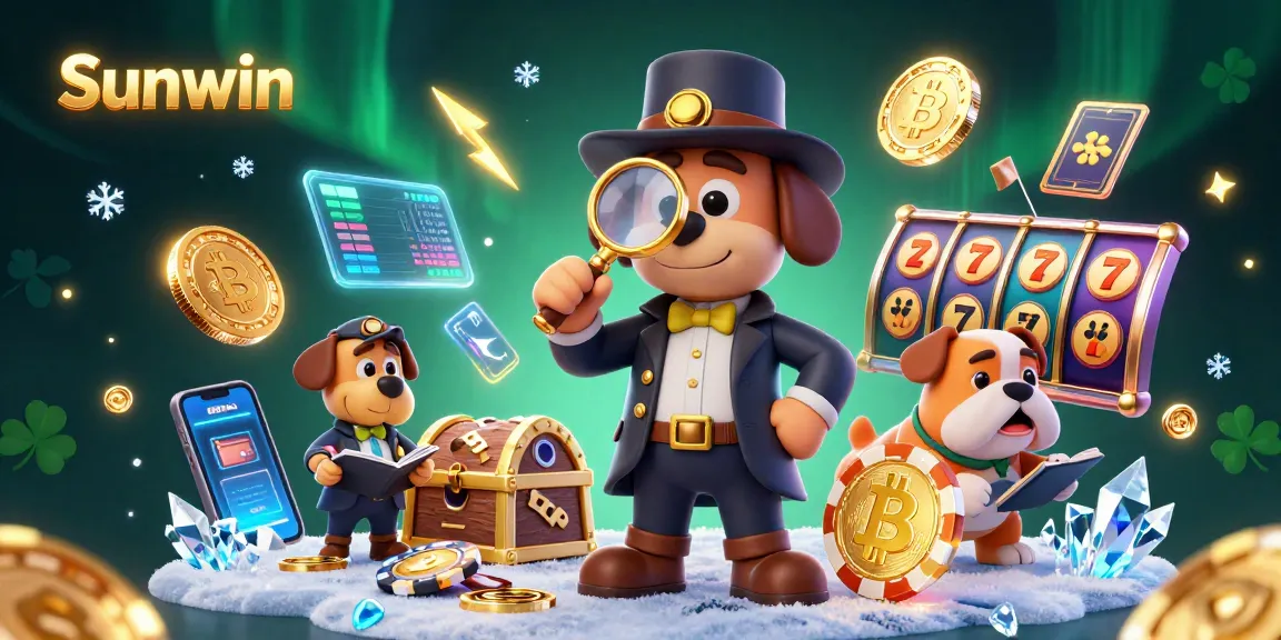 Engage with Sunwin's thrilling casino gameplay featuring a detective and dog amidst vibrant slots.