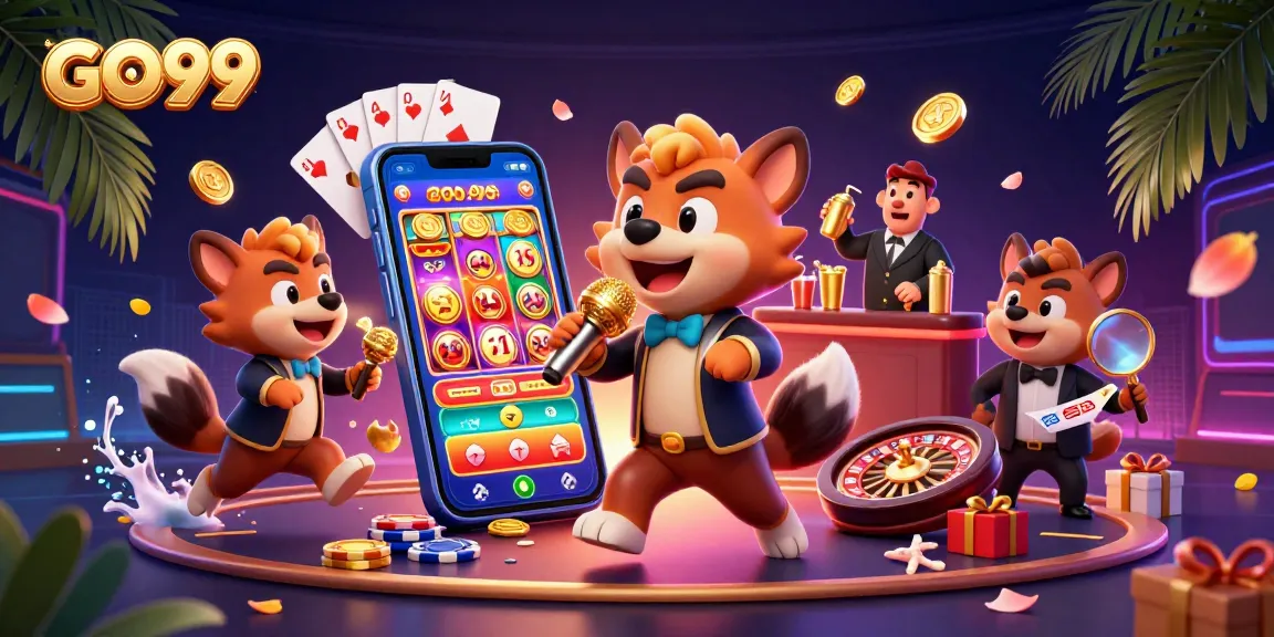 GO99 casino scene featuring hyena characters engaging in comedy and gaming activities, showcasing vibrant casino elements.