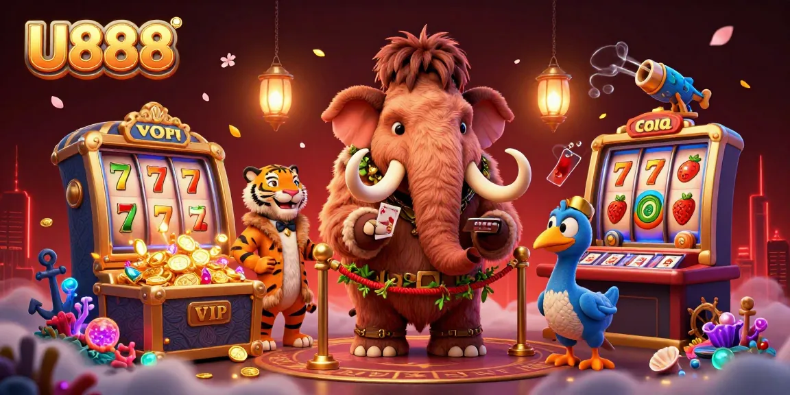 Play exciting casino games like U888 with dynamic characters in a vibrant illustrated scene.